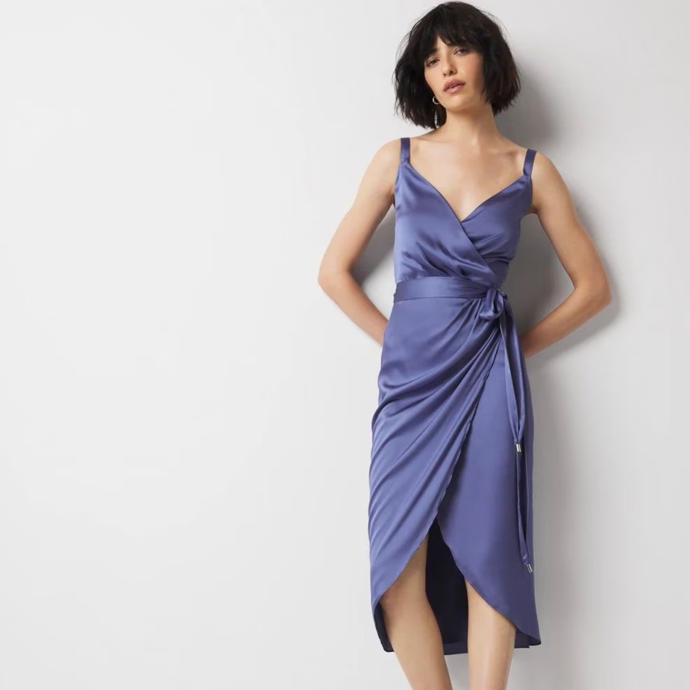 White House Black Market Satin Wrap Midi Dress in Periwinkle Blue